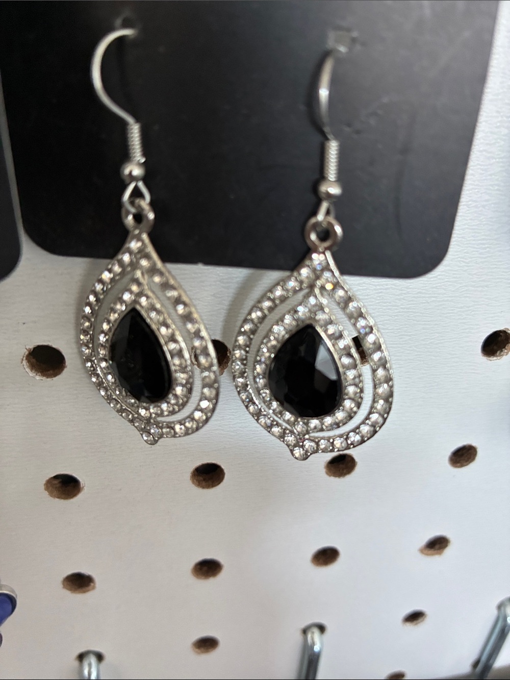 Elegant Teardrop Silver Earrings with Black Stone